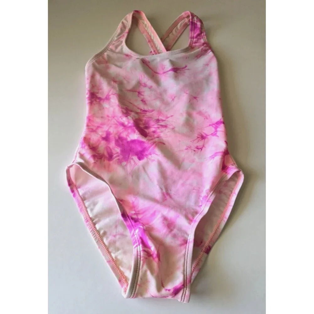 Vintage 2000s Girls Pink Tie Dye Leotard Swimsuit Size S 6-7 Cross Back Keyhole